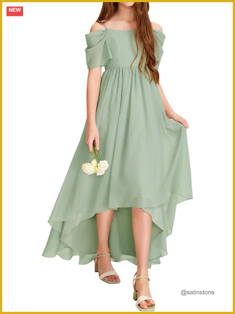 Girls Cold Shoulder A-Line Chiffon Dress Junior Bridesmaid Birthday Party